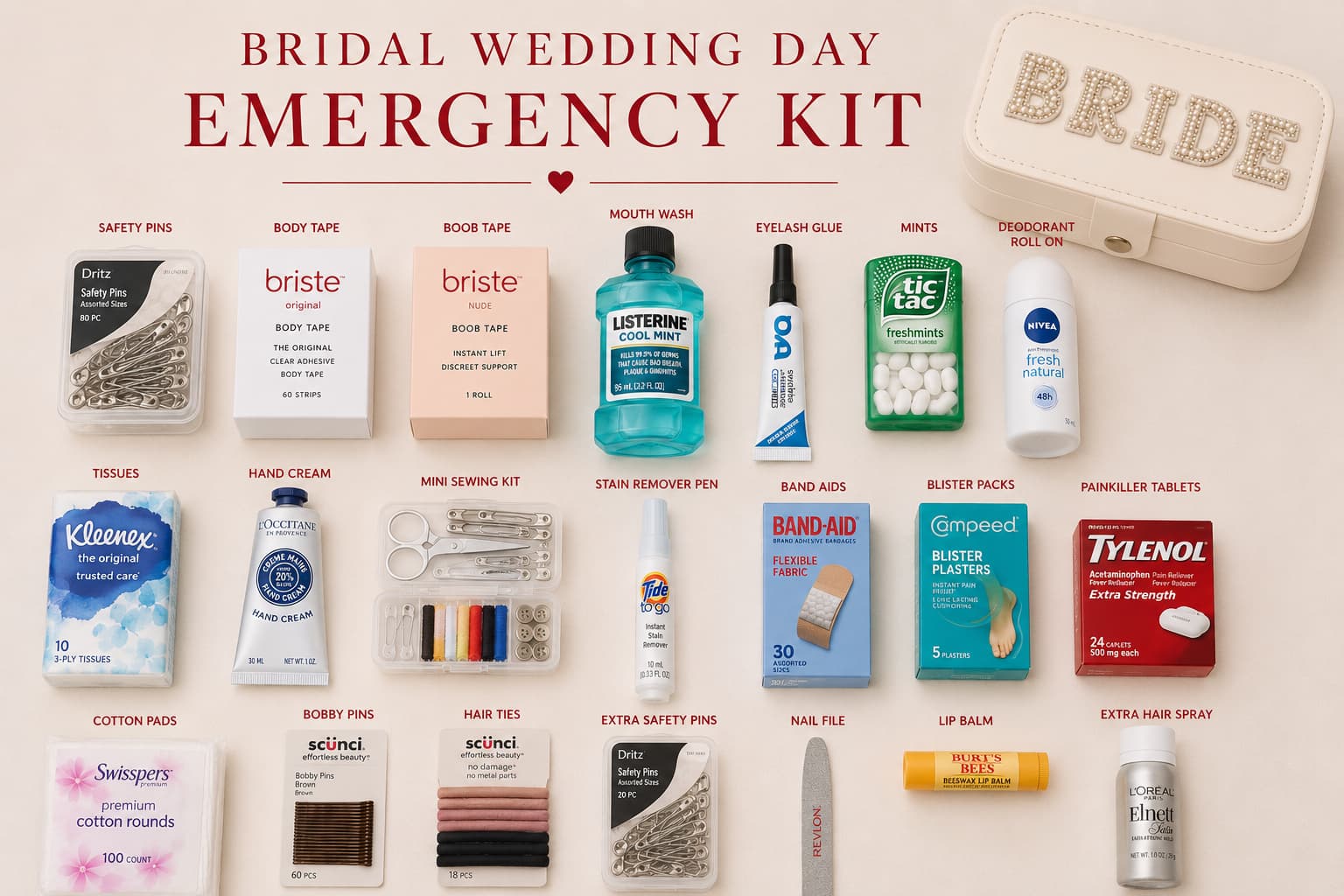 Bridal emergency kit essentials flat lay with wedding day must haves